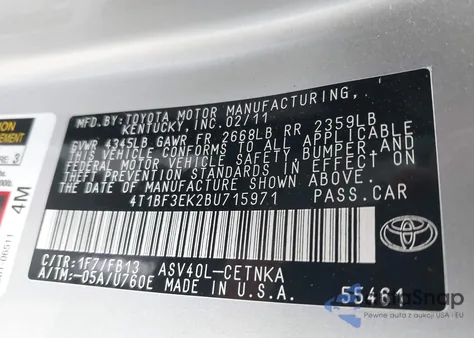 2011 Toyota Camry Le z USA, uszkodzony, nr VIN 4T1BF3EK2BU715971